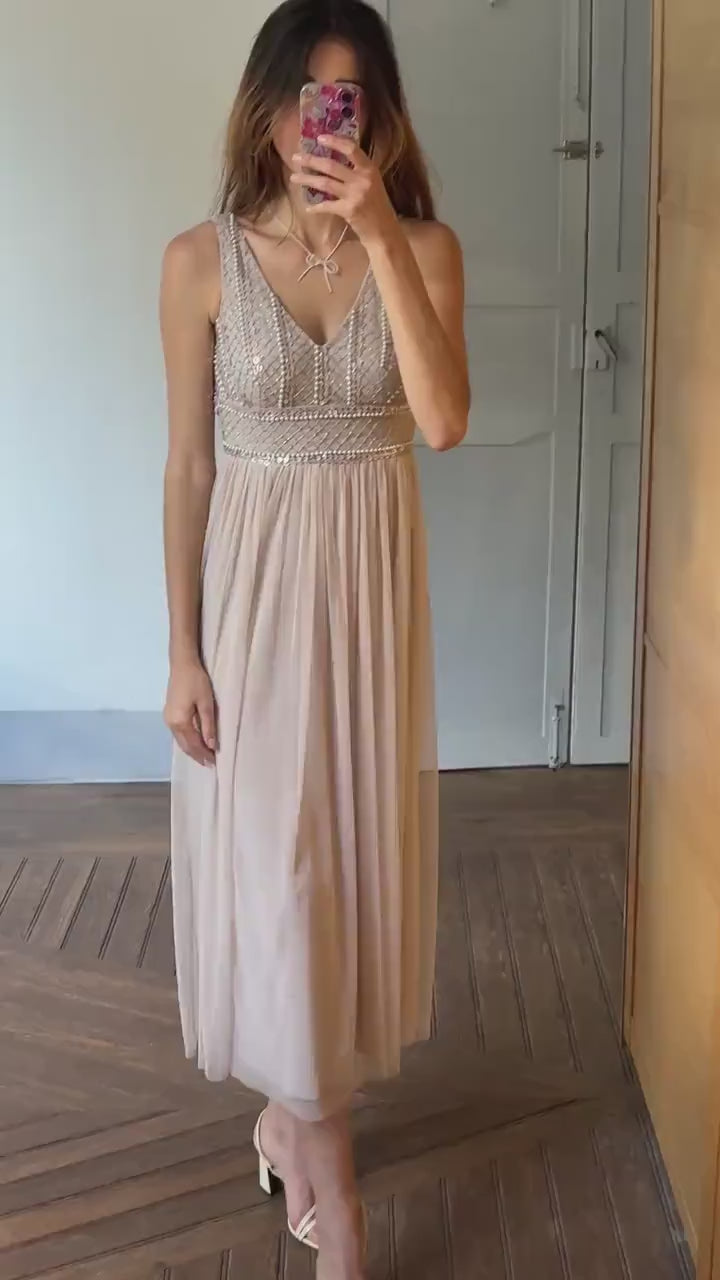 Vintage sequin beaded formal dress, luxury bridesmaid gown, wedding guest aesthetic, Neutral natural tone, Size XS