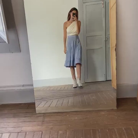 Cottage core blue high waist summer skirt, Elegant vintage pleated skirt