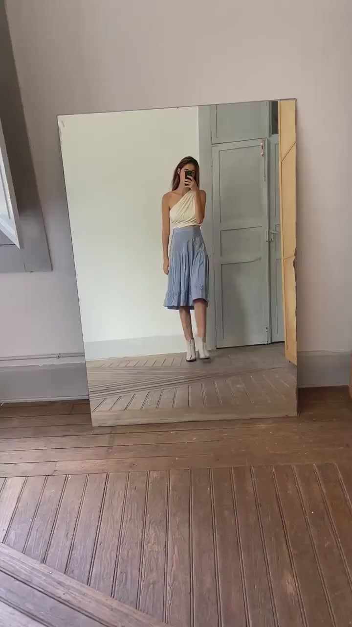 Cottage core blue high waist summer skirt, Elegant vintage pleated skirt