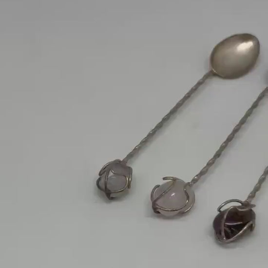Vintage Silver Cocktail Spoons with Gemstone Ends – Set of 5 Bar Stirrers, 9cm, Ornate Handcrafted Stones