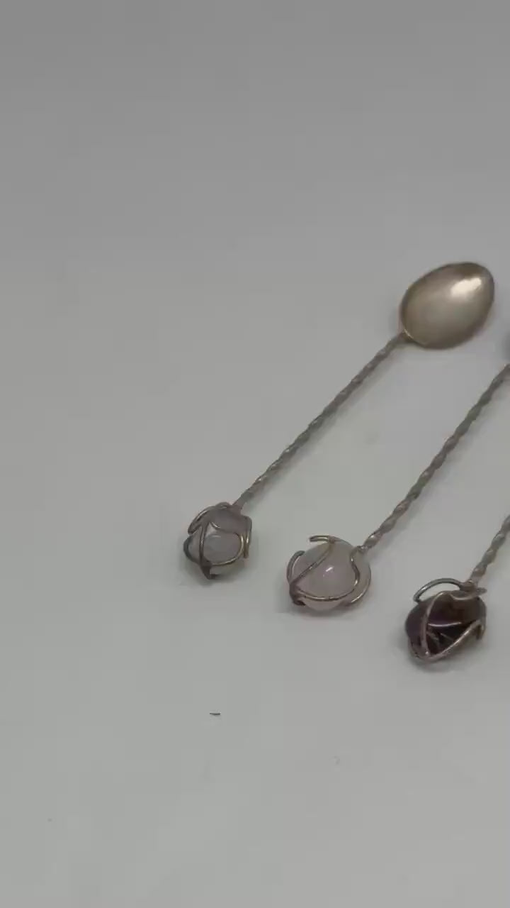 Vintage Silver Cocktail Spoons with Gemstone Ends – Set of 5 Bar Stirrers, 9cm, Ornate Handcrafted Stones
