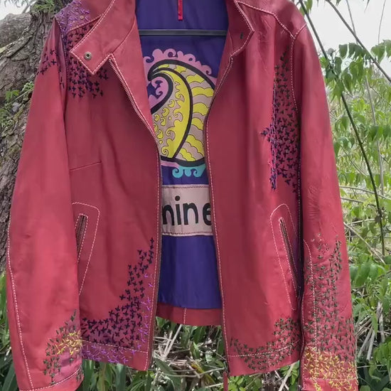 Red leather biker jacket, Hippie boho embroidered coat by Sominemi
