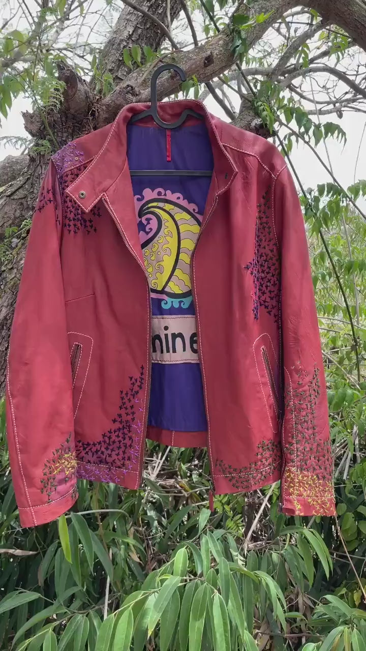 Red leather biker jacket, Hippie boho embroidered coat by Sominemi