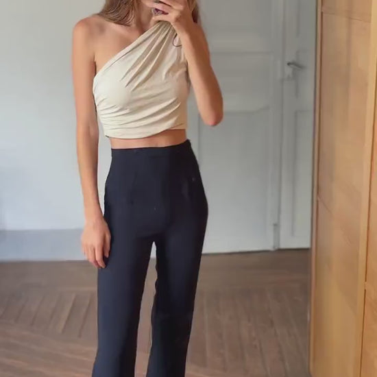 Vintage Mariella Rosato black trousers, sleek high-waisted pants, Italian vintage minimalism, elegant straight leg, soft stretch fabric