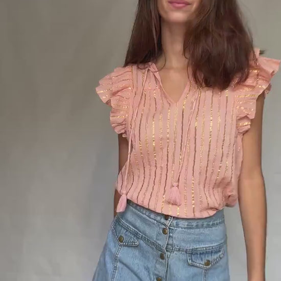 Pink and gold striped cotton top, XS