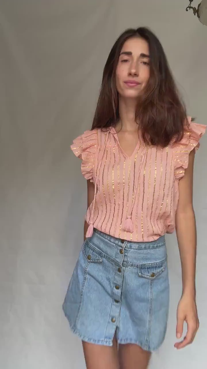 Pink and gold striped cotton top, XS