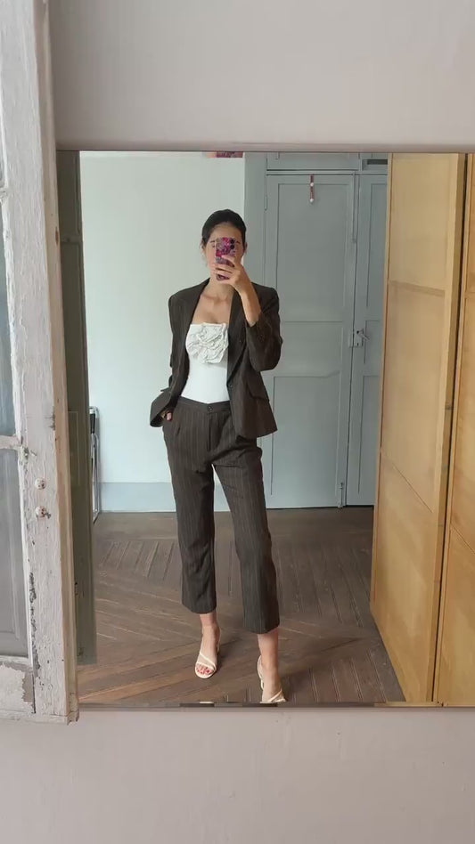 Vintage two piece wool woman suit, Retro wool striped blazer and pants, Dark Academia formal clothing set, XXXL