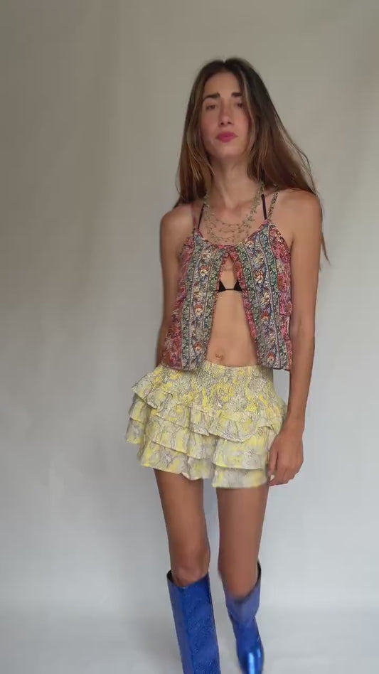Boho Yellow Ruffle Skirt • Coastal Cowgirl Summer Mini • Flowy Cotton Skirt Size M