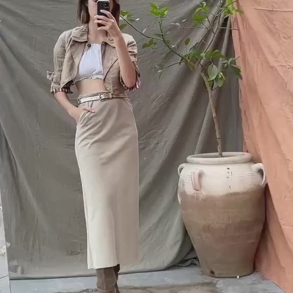 Vintage Daniel Hechter Paris Brown Cropped Linen-Feel Jacket, Tan elegant summer blazer, French vintage designer clothign for women