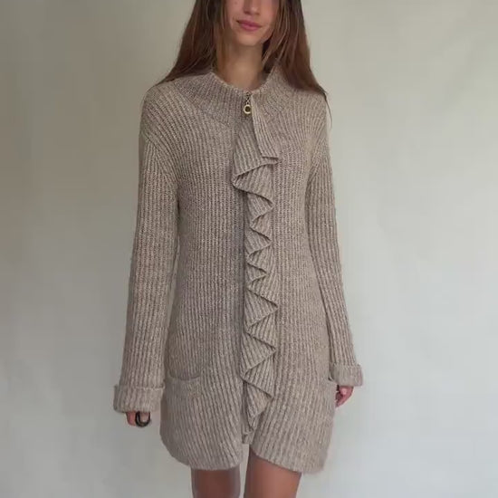 Vintage Pedro del Hierro wool mohair blend cardigan dress – long warm knit with zipper and ruffle detail, size L, designed in Spain