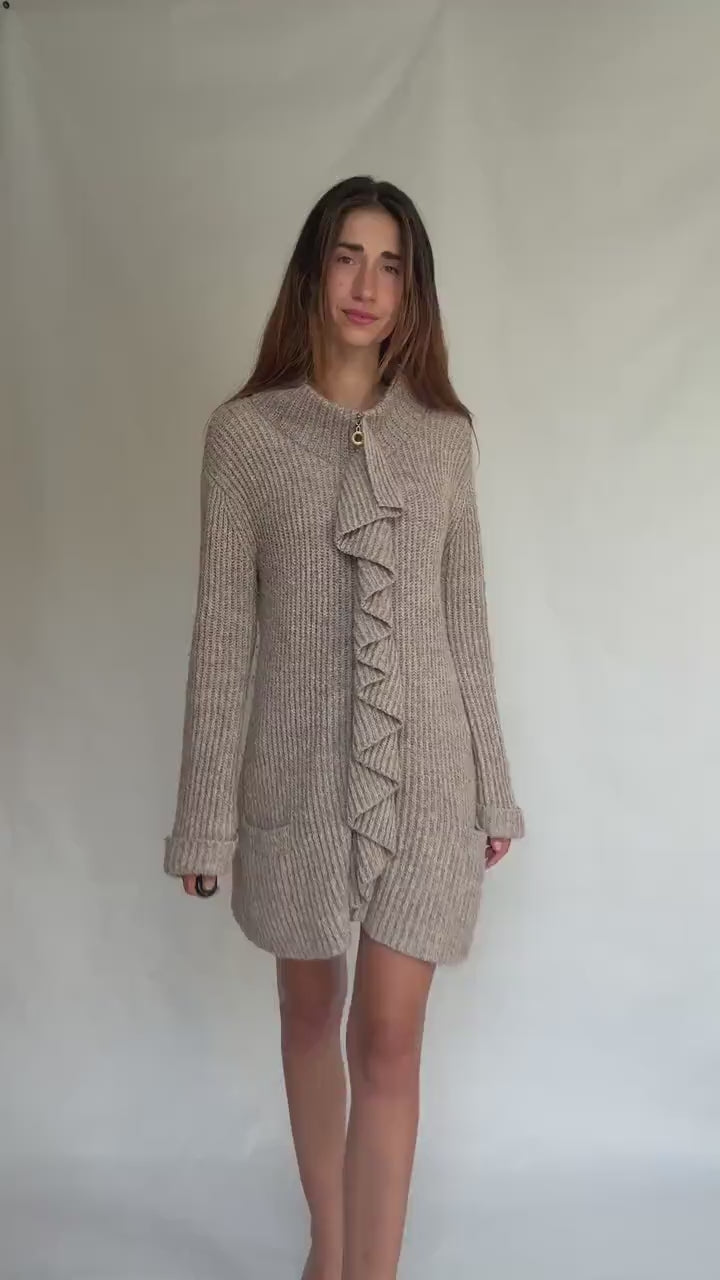 Vintage Pedro del Hierro wool mohair blend cardigan dress – long warm knit with zipper and ruffle detail, size L, designed in Spain