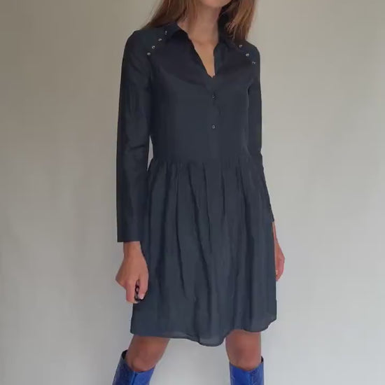 Luxury Uterqüe Navy Blue Mini Dress – Casual chic Silk Cotton Blend shirt dress, Preppy woman designer clothing – Size S