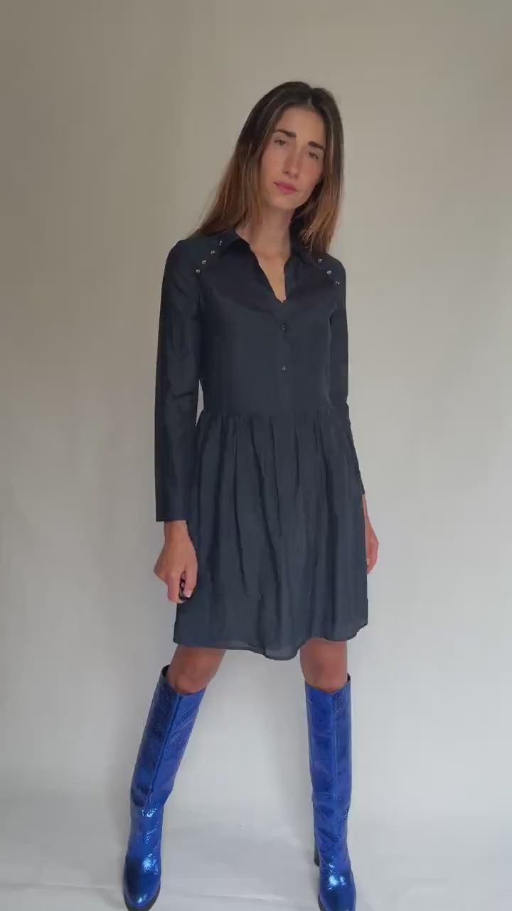 Luxury Uterqüe Navy Blue Mini Dress – Casual chic Silk Cotton Blend shirt dress, Preppy woman designer clothing – Size S