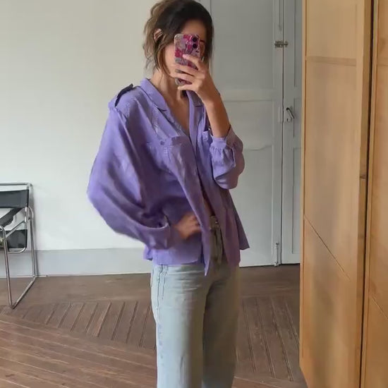 Vintage Satin-Like Purple Button-Down Shirt – Y2K Oversized & Elegant