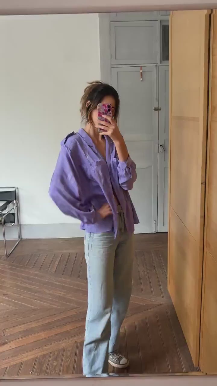 Vintage Satin-Like Purple Button-Down Shirt – Y2K Oversized & Elegant