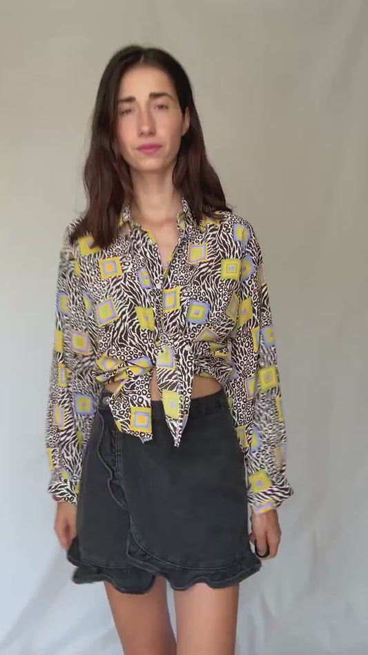 Retro 70s Vintage Blouse with Geometric Animal Print Style M - Bohemian Chic Inspired - summery blouse, very flowy, abstract print