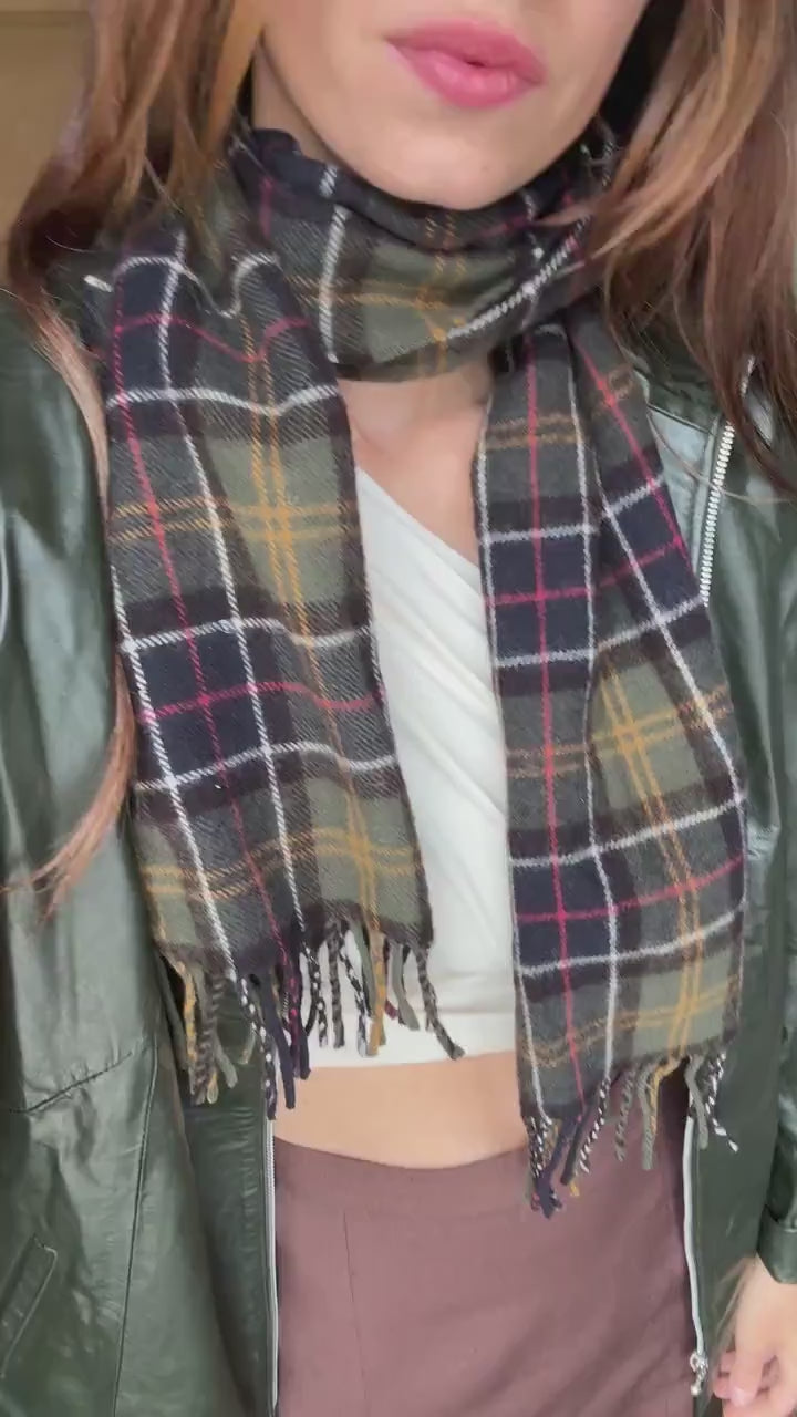 Vintage barbour wool scarf made in scotland – green plaid tartan, soft fringe, classic heritage style