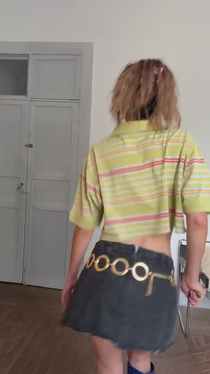 Reworked Vintage Belika Polo – Cropped Striped Polo Shirt in Cheerful Colors, Unisex Oversized Fit, Upcycled from Menswear, Size L