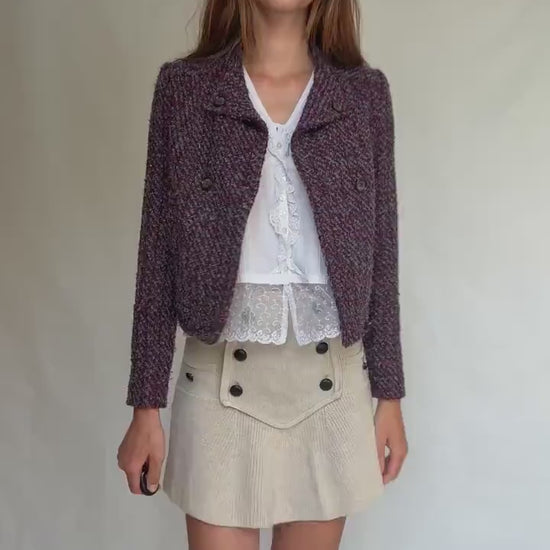 Benetton Tweed Style Cropped Jacket – Purple Shimmer Party Blazer, French Chic Emily in Paris Look, Size XS, Wool Blend