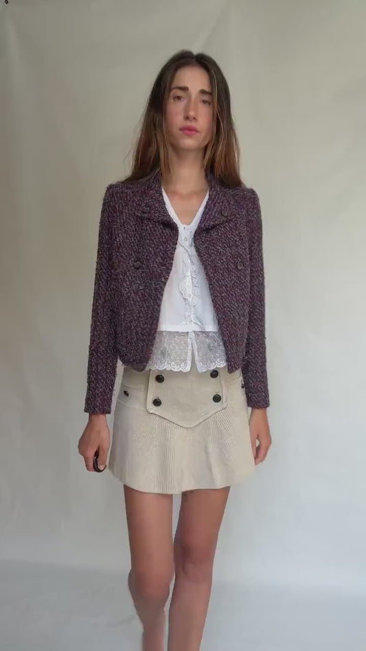 Benetton Tweed Style Cropped Jacket – Purple Shimmer Party Blazer, French Chic Emily in Paris Look, Size XS, Wool Blend