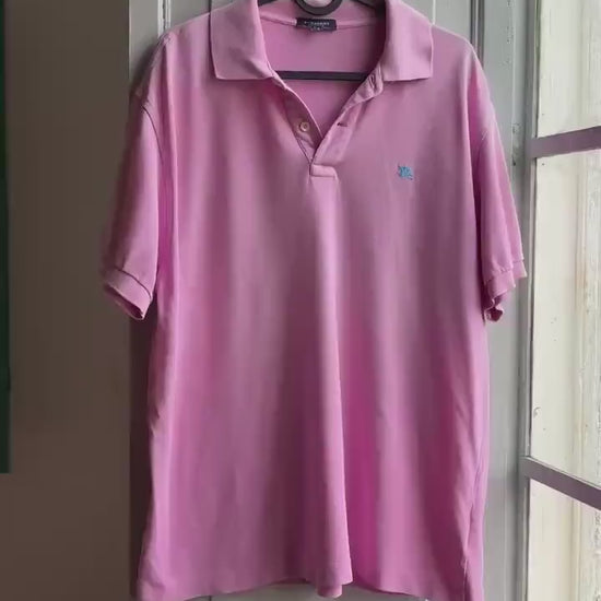 Vintage Burberry London Pink Polo Shirt, Mens Cotton branded wear, Made In Spain Luxury preppy golf style, Size L