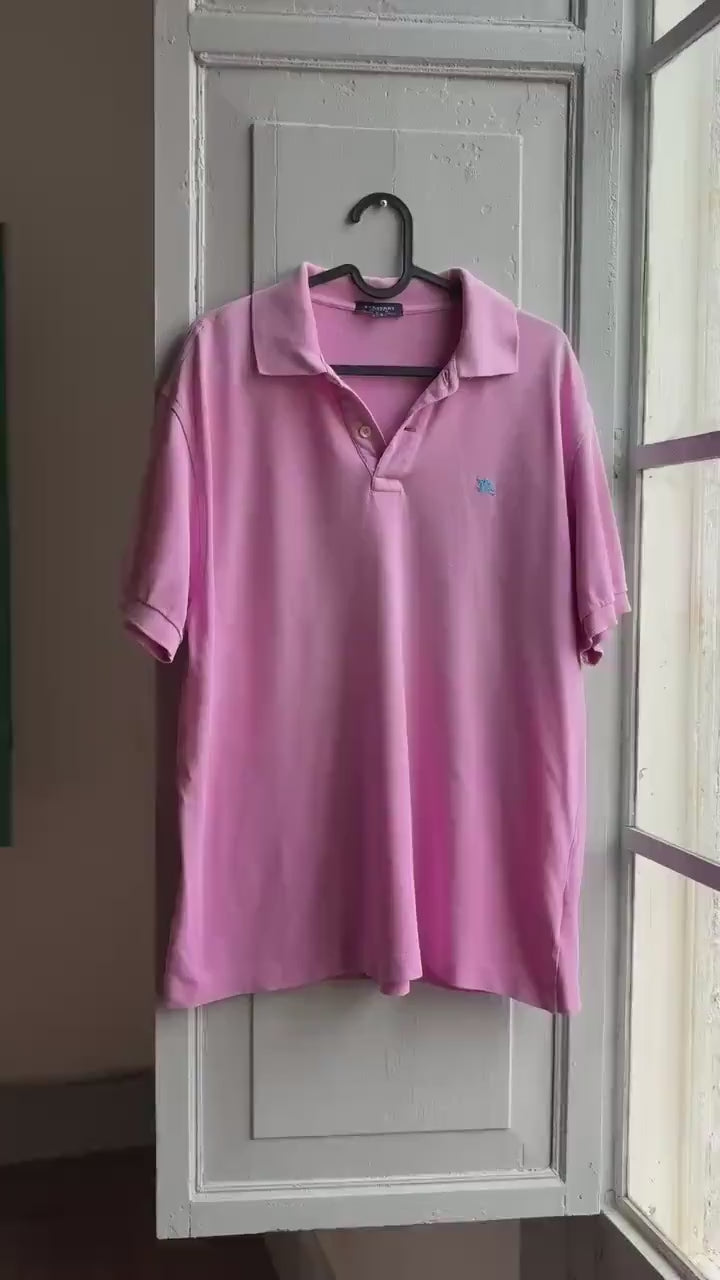 Vintage Burberry London Pink Polo Shirt, Mens Cotton branded wear, Made In Spain Luxury preppy golf style, Size L