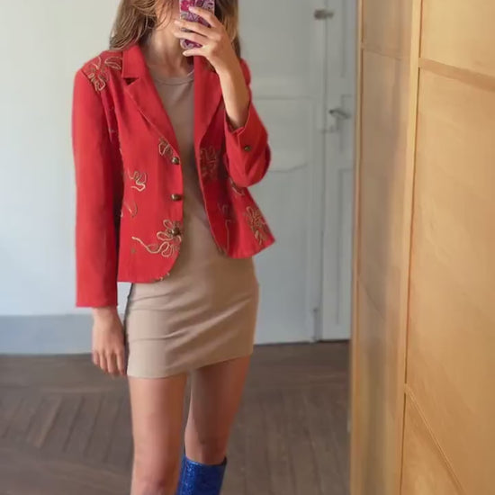 Vintage vibrant red Blazer Made in Spain, Floral Embroidered Red Jacket, Size M, Fun playful retro summer coat