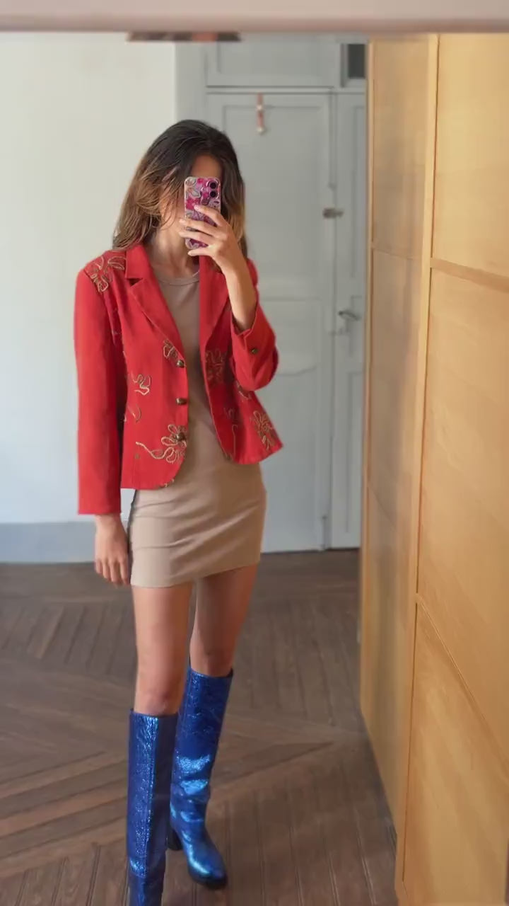 Vintage vibrant red Blazer Made in Spain, Floral Embroidered Red Jacket, Size M, Fun playful retro summer coat