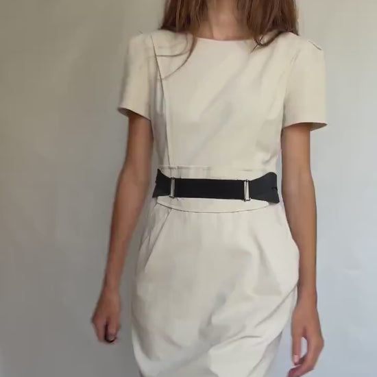 Luxury Designer Alberta Ferretti Cream Dress – Philosophy Line – Elegant white and black Minimalist Midi with Pockets – Size M