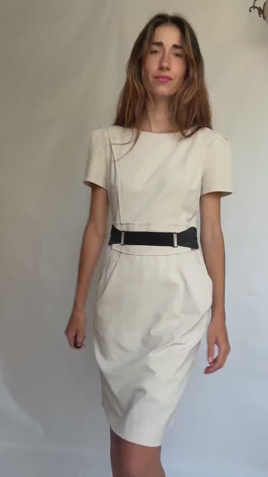 Luxury Designer Alberta Ferretti Cream Dress – Philosophy Line – Elegant white and black Minimalist Midi with Pockets – Size M