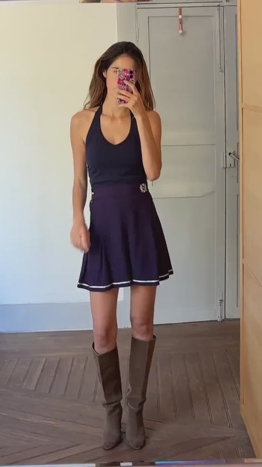 Vintage navy blue halter top, 90s tank, long bikini shirt