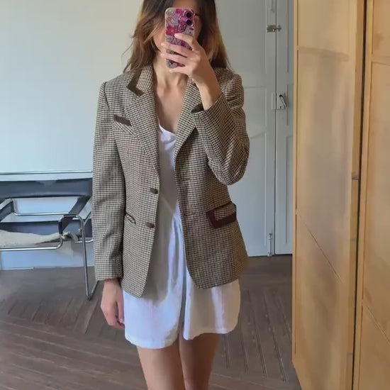 Vintage Blazer Jacket – Dominguez Houndstooth Wool Coat – Dark Academia Aesthetic – Made in Spain – Size S - M