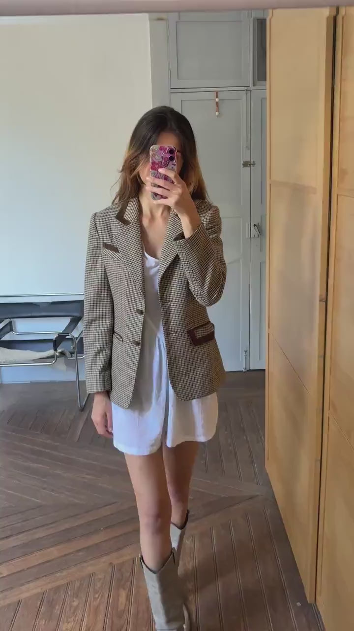 Vintage Blazer Jacket – Dominguez Houndstooth Wool Coat – Dark Academia Aesthetic – Made in Spain – Size S - M