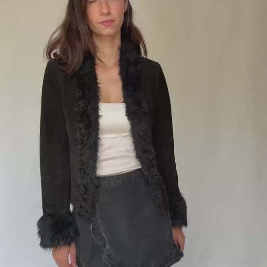 Vintage black suede lammy jacket with faux fur trim,  100% leather short winter coat, Parisian chic women clothing, Emily in paris style