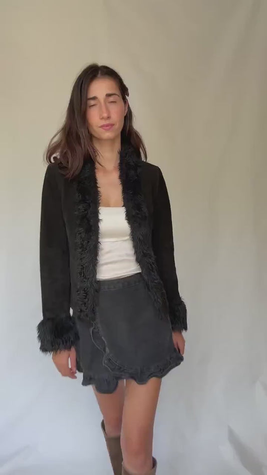 Vintage black suede lammy jacket with faux fur trim,  100% leather short winter coat, Parisian chic women clothing, Emily in paris style