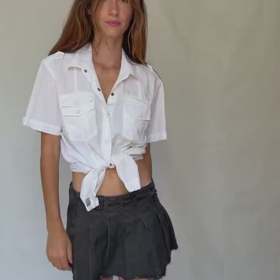 Duck and Cover short sleeve white cotton shirt with utility pockets, military Y2K vibe button down – fitted unisex style US size M-L