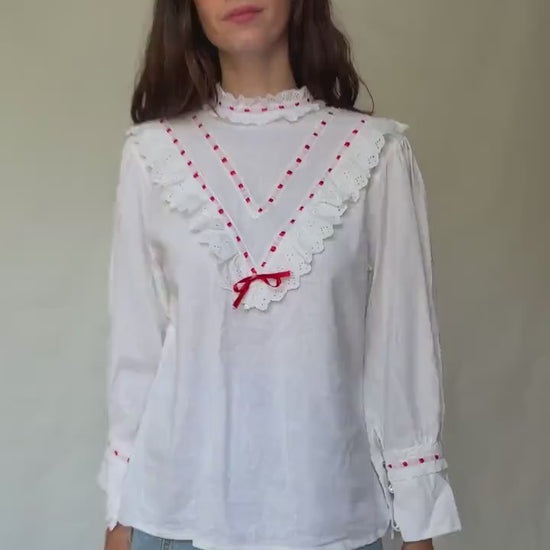 Vintage white lace blouse, linen viscose blend, relaxed fit, red ribbon detail, cottagecore folklore, US L, feminine style