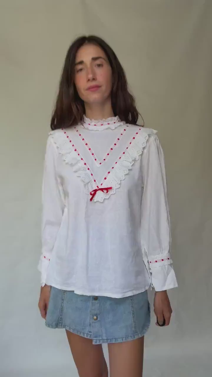 Vintage white lace blouse, linen viscose blend, relaxed fit, red ribbon detail, cottagecore folklore, US L, feminine style