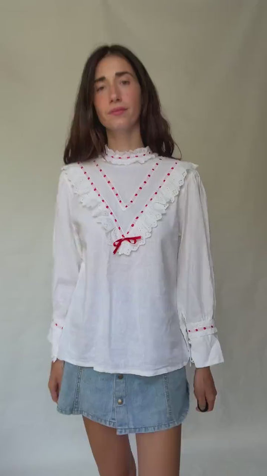Vintage white lace blouse, linen viscose blend, relaxed fit, red ribbon detail, cottagecore folklore, US L, feminine style