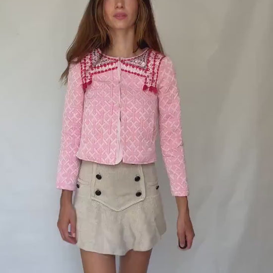 Pink Embellished Jacket with Sequins and Tassels – Barbiecore Cropped Blazer – Textured Boho Partywear XXS - XS