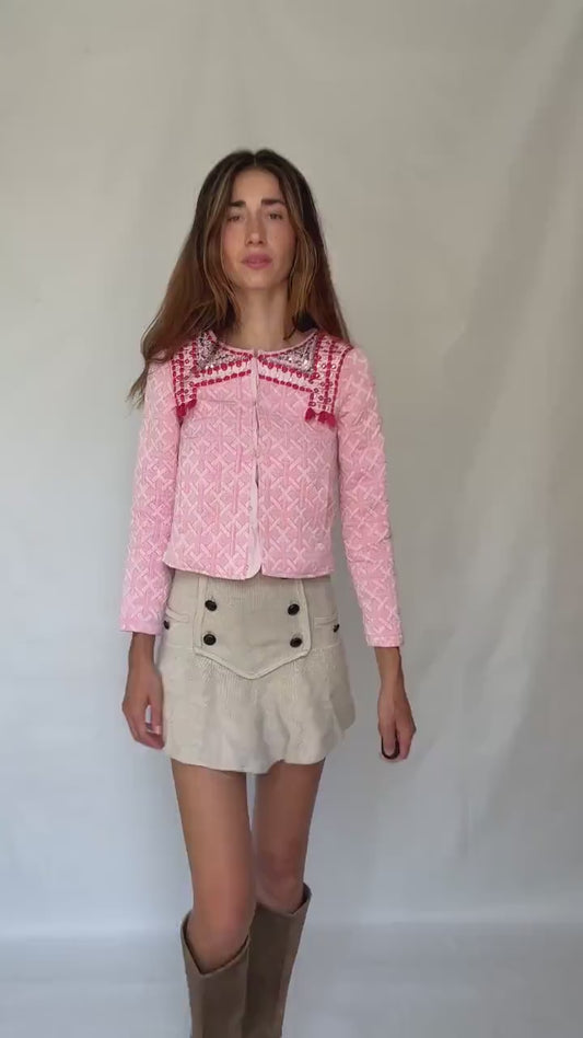 Pink Embellished Jacket with Sequins and Tassels – Barbiecore Cropped Blazer – Textured Boho Partywear XXS - XS