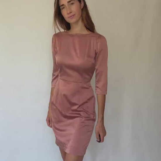 Dusty pink Hoss Intropia silk blend dress, Spanish designer, Luxury european designer wear, midi formal style, Wedding guest outfit Size 4–6