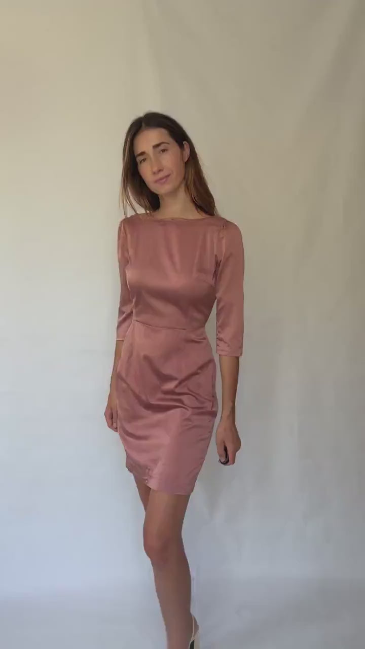 Dusty pink Hoss Intropia silk blend dress, Spanish designer, Luxury european designer wear, midi formal style, Wedding guest outfit Size 4–6