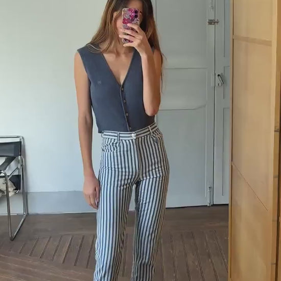 Vintage blue and white Captain Tortue pants, Dead stock fun trousers, High waist cropped chino pants, XS