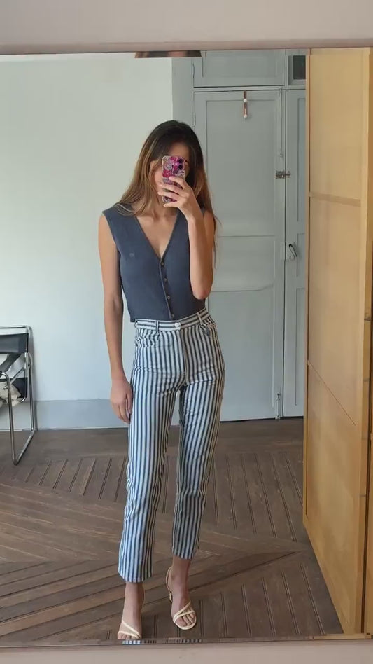 Vintage blue and white Captain Tortue pants, Dead stock fun trousers, High waist cropped chino pants, XS