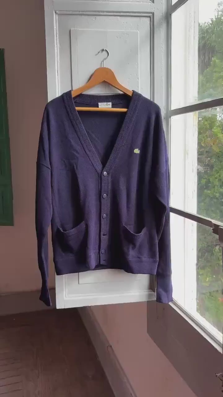 Vintage Lacoste Cardigan Navy Blue, Men’s Chemise Lacoste Knit, Old Money Preppy Style,