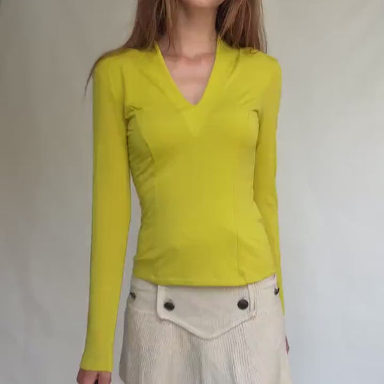 Angelo Marani top size S – M stretch wool blend long sleeve V-neck fitted blouse in yellow minimalist Italian vintage style