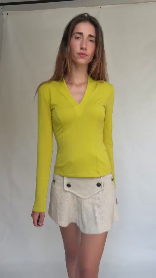 Angelo Marani top size S – M stretch wool blend long sleeve V-neck fitted blouse in yellow minimalist Italian vintage style