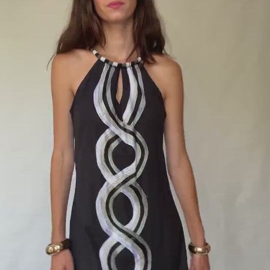 Vintage Sleeveless Dress with Beaded Halter Neckline, 50% Linen Lightweight Fabric, Designed in Canary Islands, Indie Sleaze Style, Size S