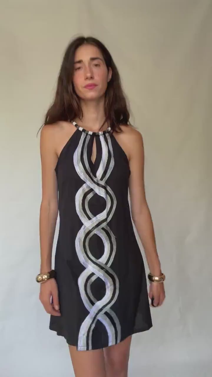 Vintage Sleeveless Dress with Beaded Halter Neckline, 50% Linen Lightweight Fabric, Designed in Canary Islands, Indie Sleaze Style, Size S